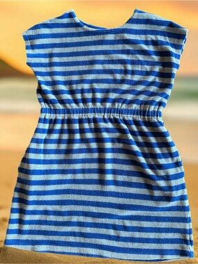 Hanna Andersson Terry Cloth Cover-Up Dress Blue Stripe Size 12 Pool Beach